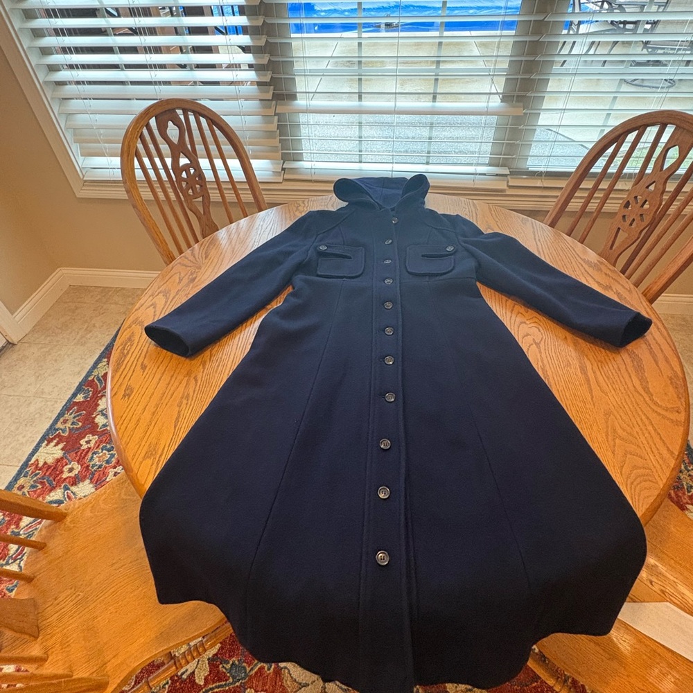 Vintage Long Navy Wool Hooded Dress Coat Maxi Size Appx 6-8 VGUC